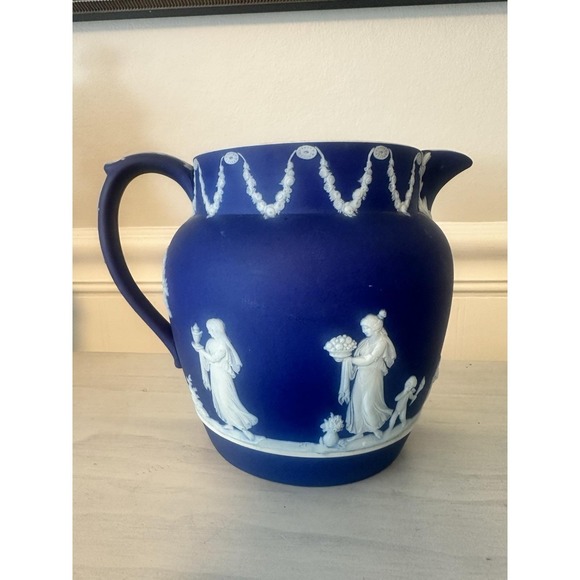 Large Wedgwood Blue Jasperware Pitcher Classical Relief Figures 6